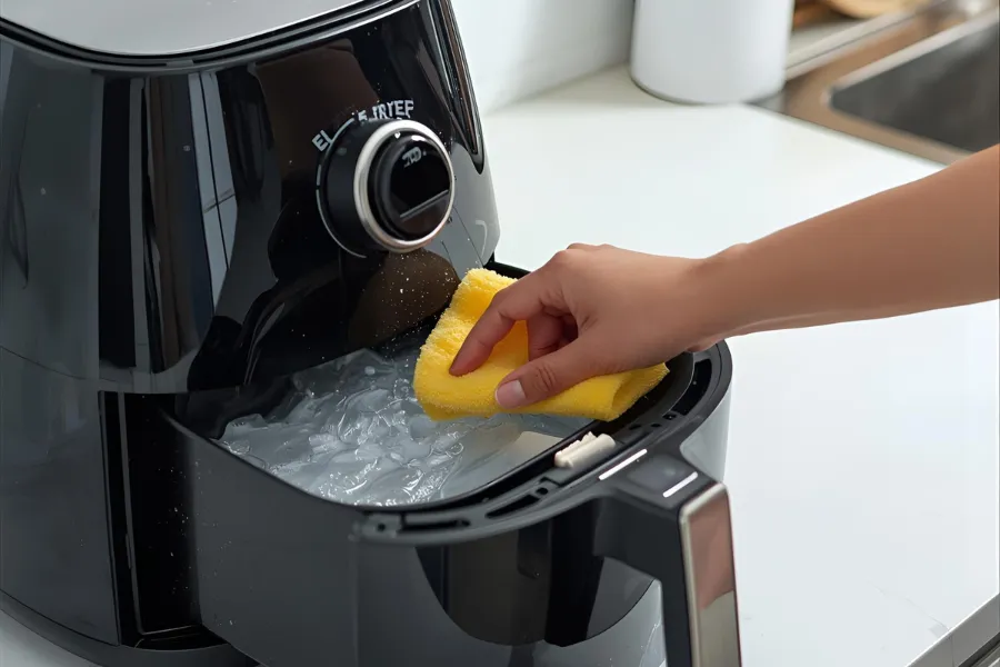 Limpeza de airfryer: dicas e truques. Esponja amarela na cuba da fritadeira.