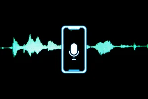 Melhorar áudio celular. Celular com microfone e ondas sonoras.