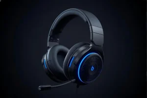 Headset gamer de entrada preto com luz azul para jogar no celular.
