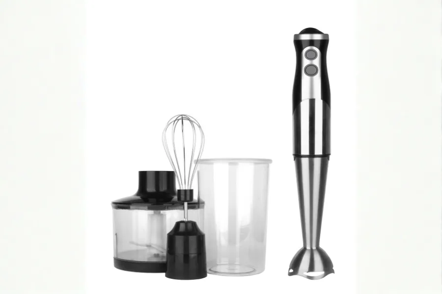 Mixer vertical prático. Acessórios: copo, mini processador e batedor de arame.